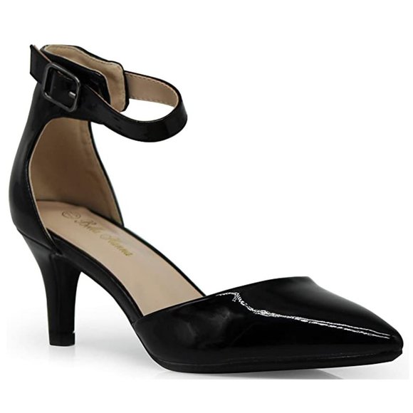 Bella Hanna Shoes - Women's Pointy Toe High Mid Heel Ankle Strap Patent Harlow Pump Dress Sho Black